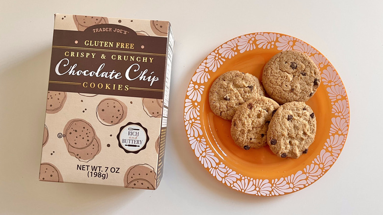 Crispy & Crunchy Chocolate Chip Cookies from Trader Joe's on a plate next to a box