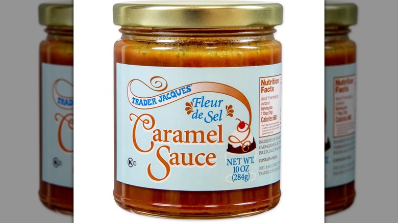 Jar of Trader Joe's Fleur de Sel Caramel Sauce on white background