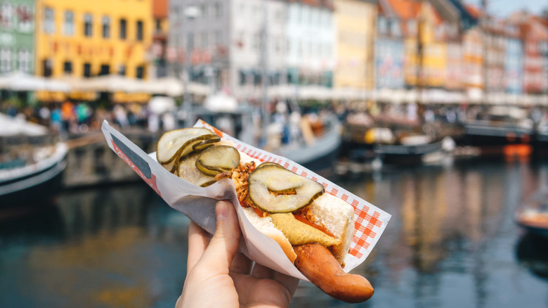 Danish hot dog held up against the canals of Copenhagen