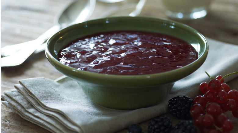 Berry pudding from Denmark in a green bowl