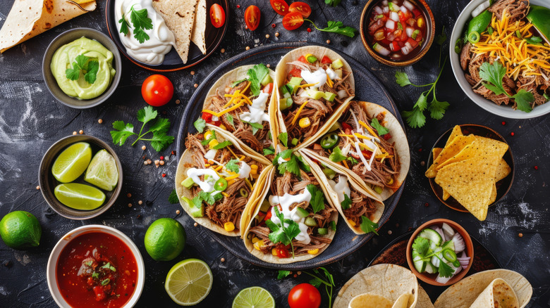 Mexican pulled pork tacos on plate surrounded by bowls of salsa, guacamole, sour cream, and other fresh toppings