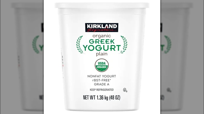 A tub of Kirkland Greek yogurt