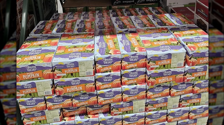Stacked boxes of Green Valley pumpkin puree