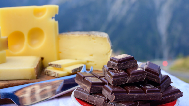 A variety of cheeses paired next to a plate of dark chocolate.