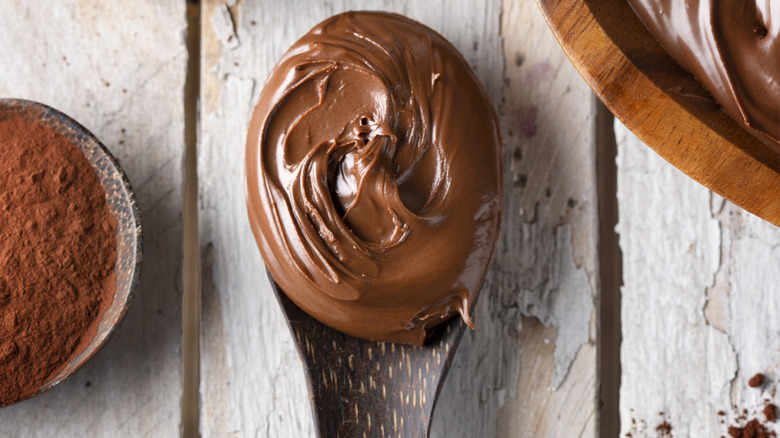 A spoon filled with nutella with cocoa powder on the side