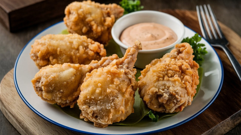 Fried, breaded bull testicles on a plate on a wood table