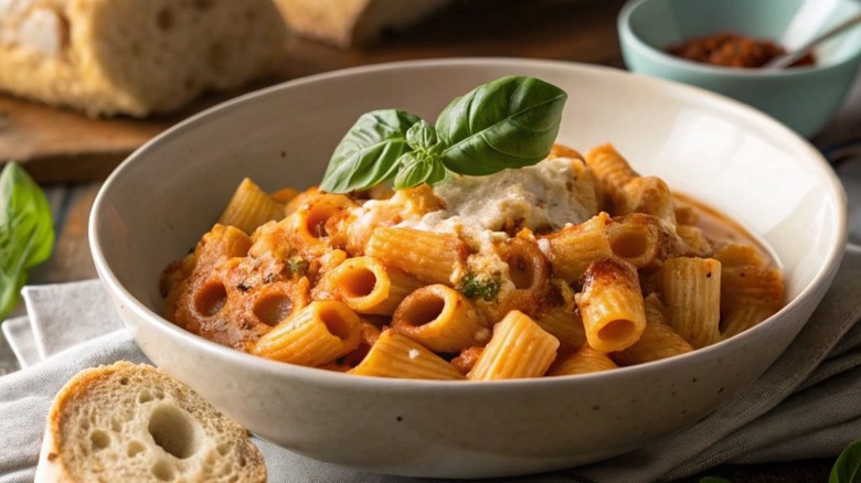 Bowl of ditalini in sauce, garnished with basil, and served with bruschetta