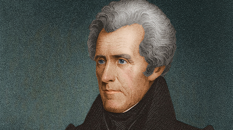 Color portrait of Andrew Jackson against dark green background