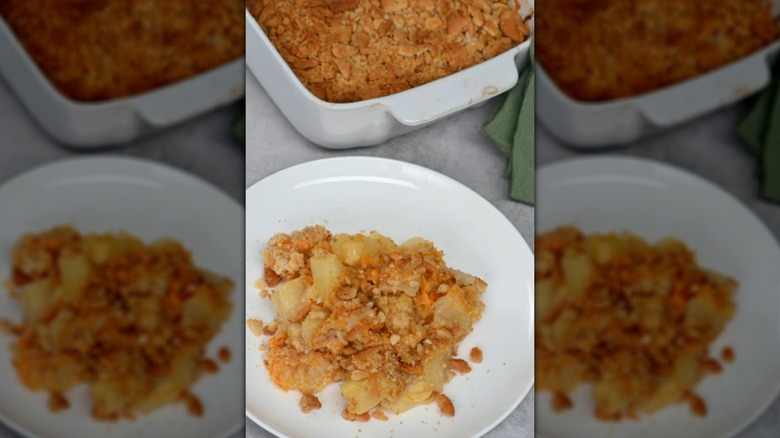 Pineapple casserole on white plate and in baking dish