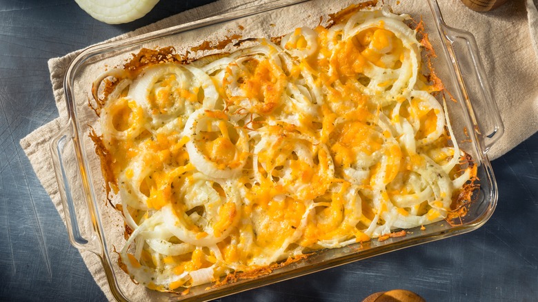 Cheesy Tennessee onions casserole in glass baking dish