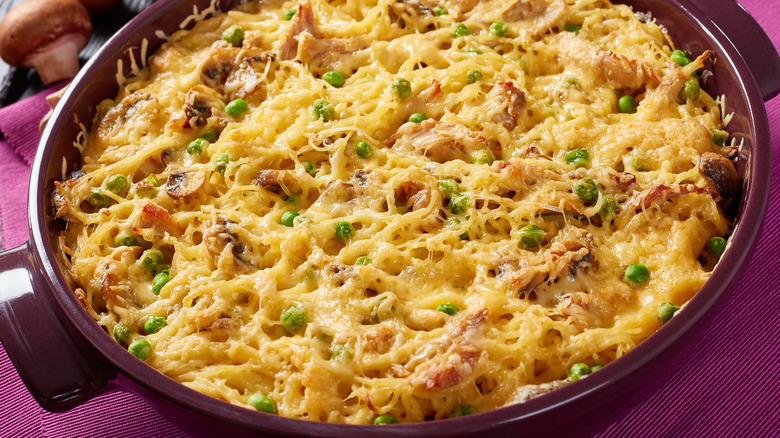 Turkey Tetrazzini in purple baking dish