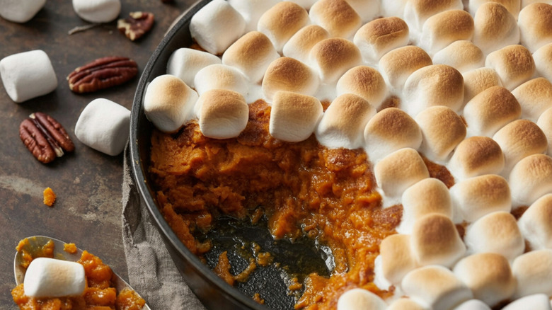 A close up of sweet potato casserole topped with golden marshmallows