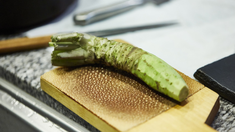 fresh wasabi root on a wooden board