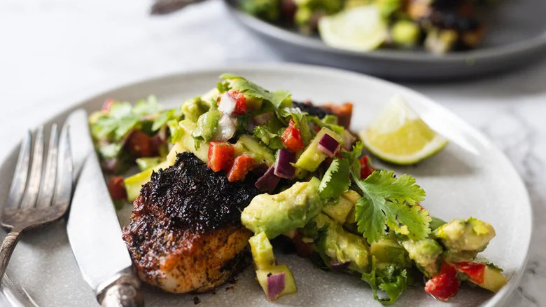 blackened halibut with mango avocado relish