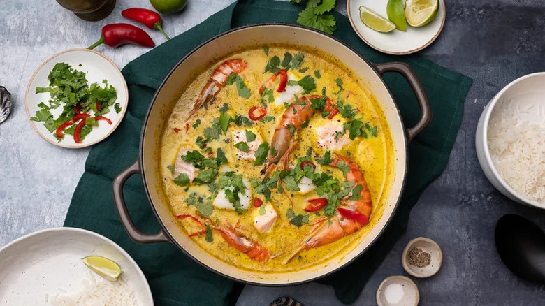 fresh and vibrant coconut fish curry in a dish