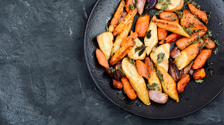 A plate of roasted root vegetables with pumpkin spice