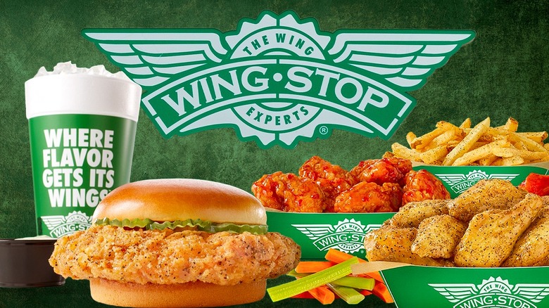 Wingstop sandwich, wings, fries, and drink under the chain's logo, against a green background