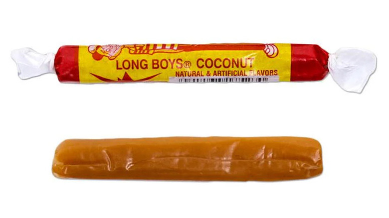 Coconut Long Boys candies on white background.