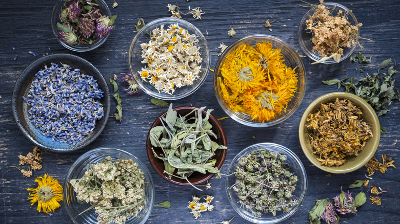 overhead shot of dried flowers in glass bowls