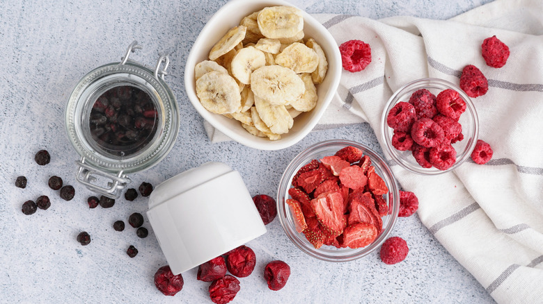 overhed shot of assorted freeze-dried fruits, including raspberries and strawberries