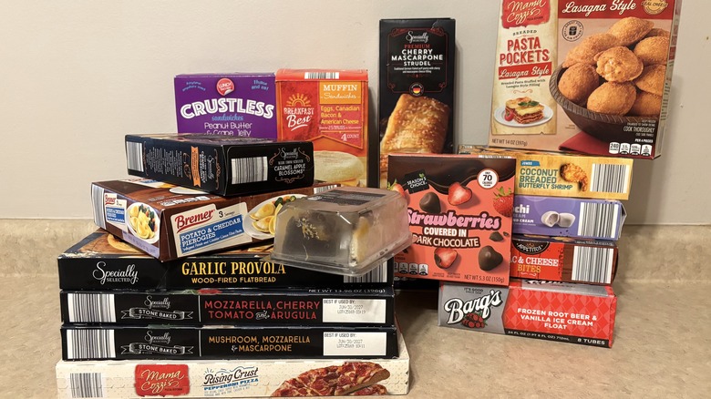 A variety of frozen foods in their packages from Aldi.
