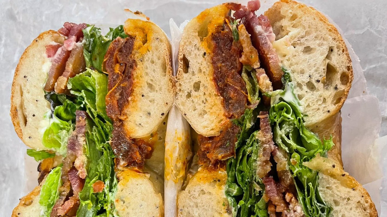 Bagelsaurus bagel BLT cut in half