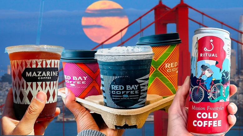 Take-out coffees and Golden Gate Bridge