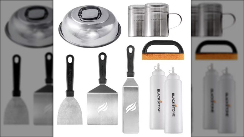 Blackstone 10-piece accessory kit with dome, shakers, squirt bottles, 2 spatulas, scraper, and scrubber