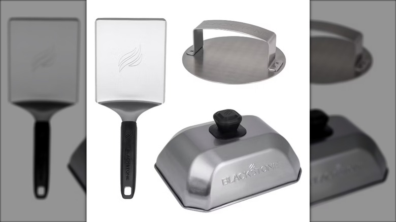 Blackstone 3-piece hamburger grill tool set with spatula, burger press, and burger dome