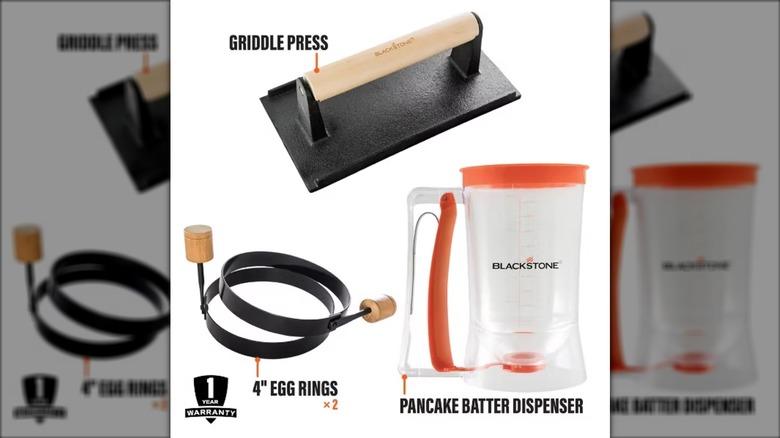 Blackstone 4-piece breakfast grill tool set with griddle press, egg rings, and pancake batter dispenser