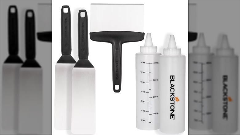 Blackstone 5-piece tool kit with 2 spatulas, scraper, and two squeeze bottles