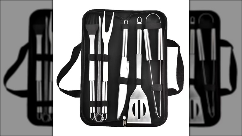 Movssou BBQ grill tools set in carrying case including basting brush, skewers, grill fork, knife, spatula, and tongs