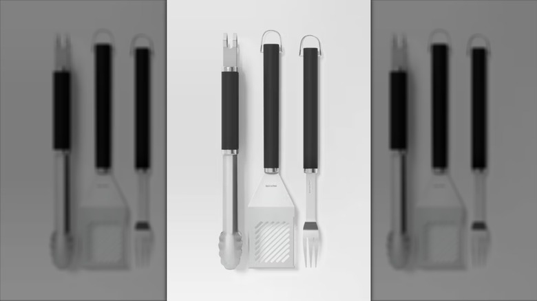 Room Essentials 3-piece stainless steel grill tool set with tongs, spatula, and grill fork