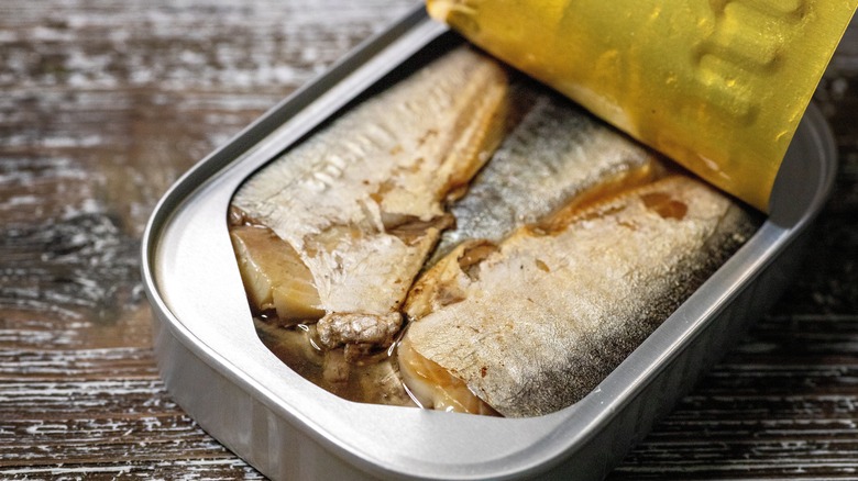 Canned sardines in an open can