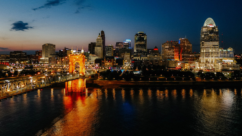 Downtown Cincinnati at night from across bridge