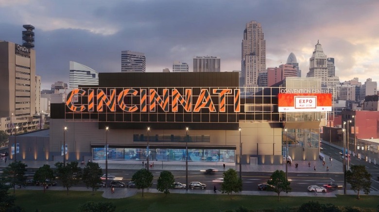 Cincinnati Convention Center with skyline behind it