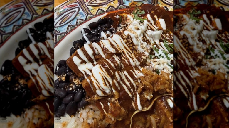 Mole enchiladas with black beans and rice from El Cabrito Seattle