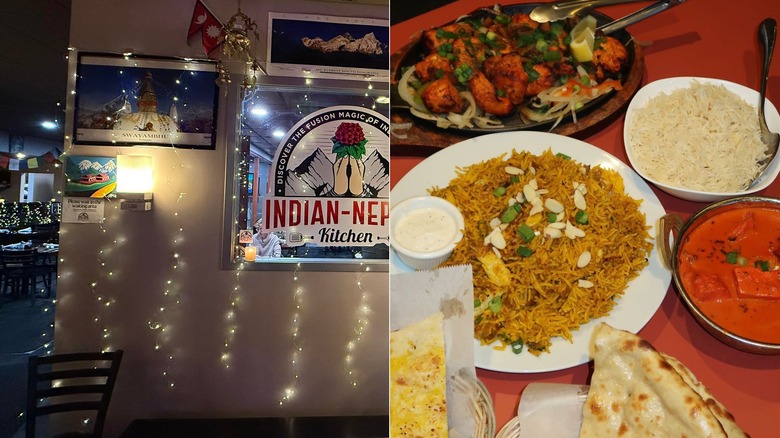 Indian-Nepali Kitchen in Seattle interiors on the left and food spread on the right