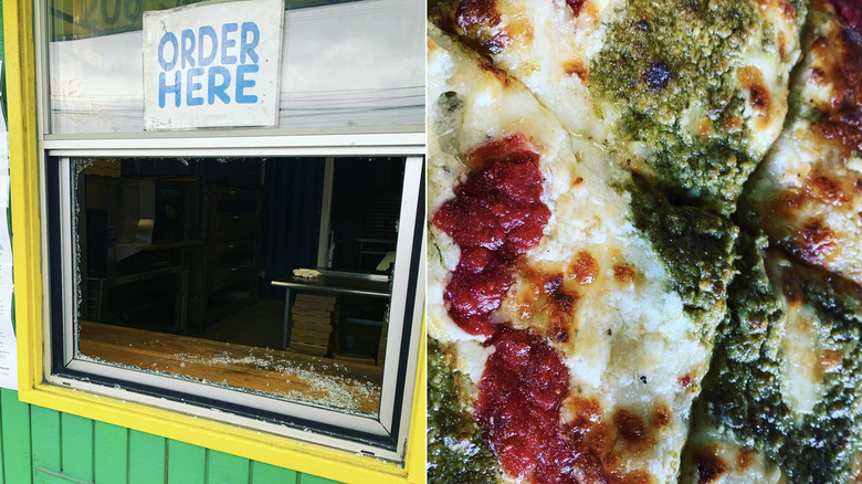 Slice Box Seattle exterior on the left and pesto pizza on the right