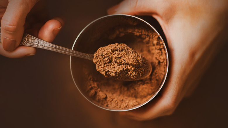 Person scooping cocoa powder