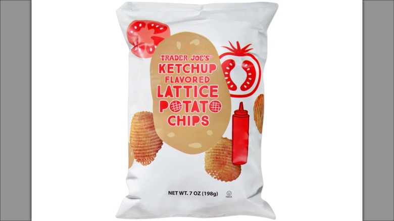Bag of Trader Joe's Ketchup Flavored Lattice Potato Chips on white background