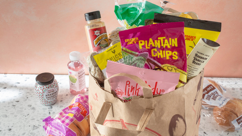 Trader Joe's paper shopping bag full of groceries on counter