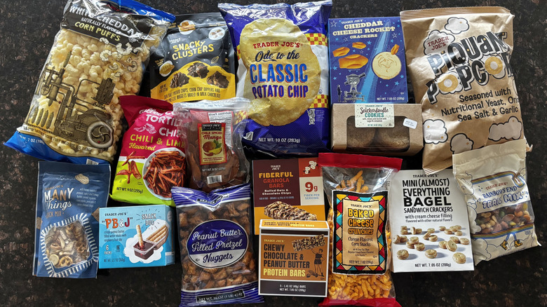 Various Trader Joe's snacks on countertop