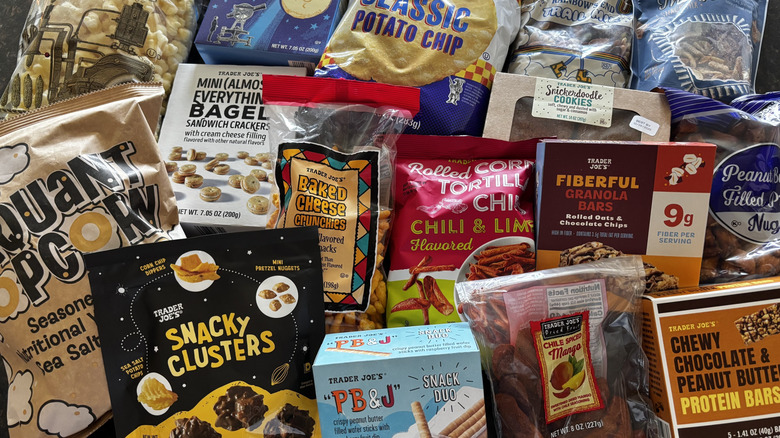 various Trader Joe's snacks on countertop