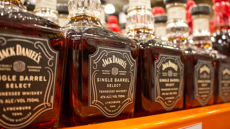 A row of Jack Daniel's Single Barrel Select bottles in a liquor store