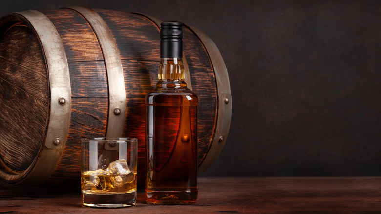Bourbon barrel & bottle with tumbler 