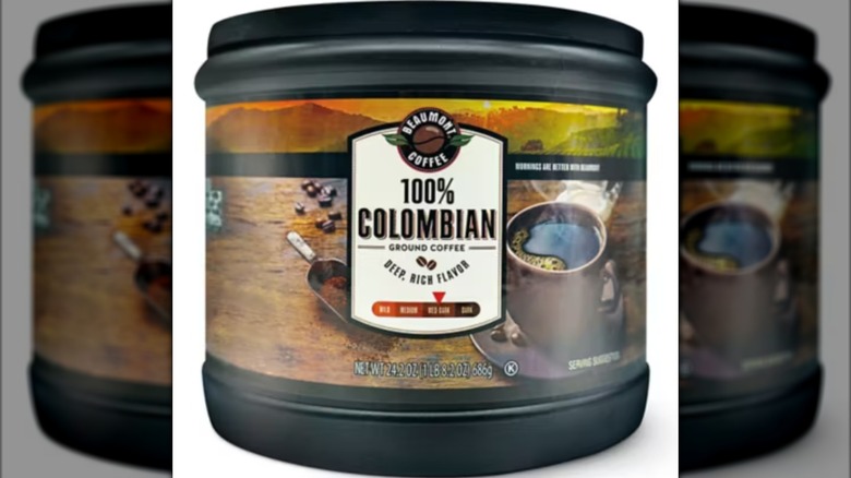 A conatiner of Beaumont Colombian Ground Coffee isolated on a white background