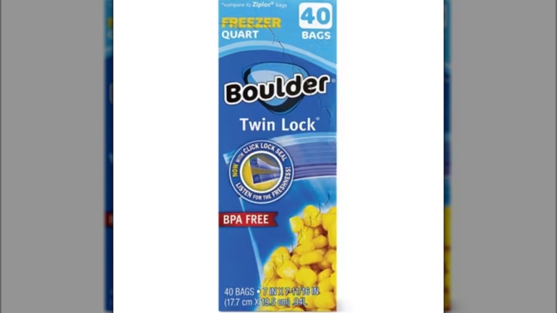 A box of Boulder brand twin lock plastic freezer bags isolated on a white backgorund