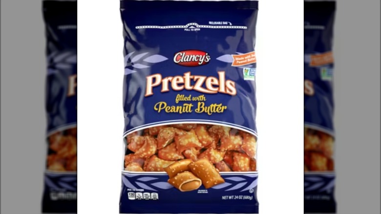 A bag of Clancy's Peanut Butter-Filled Pretzels isolated on a white background