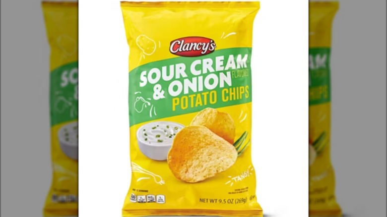 A bag of Clancy's Sour Cream and Onion Chips isolated on a white background